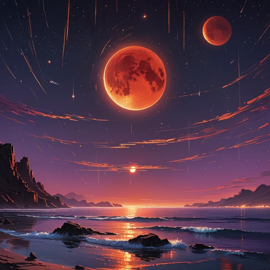 Red Moonset Over Starry Ocean, Fantasy Art