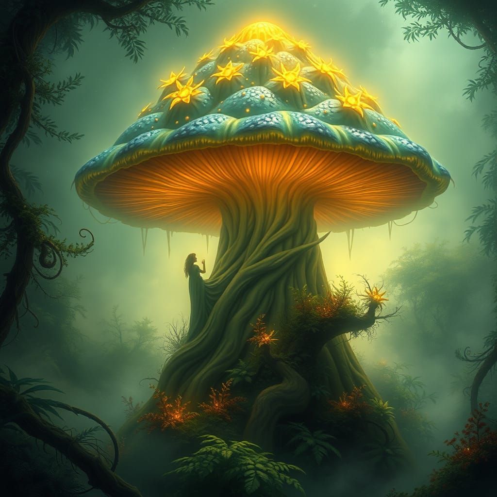 Glowing Mushroom Matriarch in Misty Rainforest