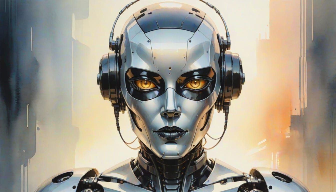 Cyborg Woman in Soft Sunlight, Watercolor Style