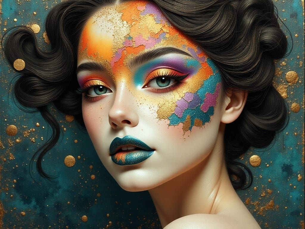 Elegant Portrait of a Woman with Glittering, Surreal Makeup