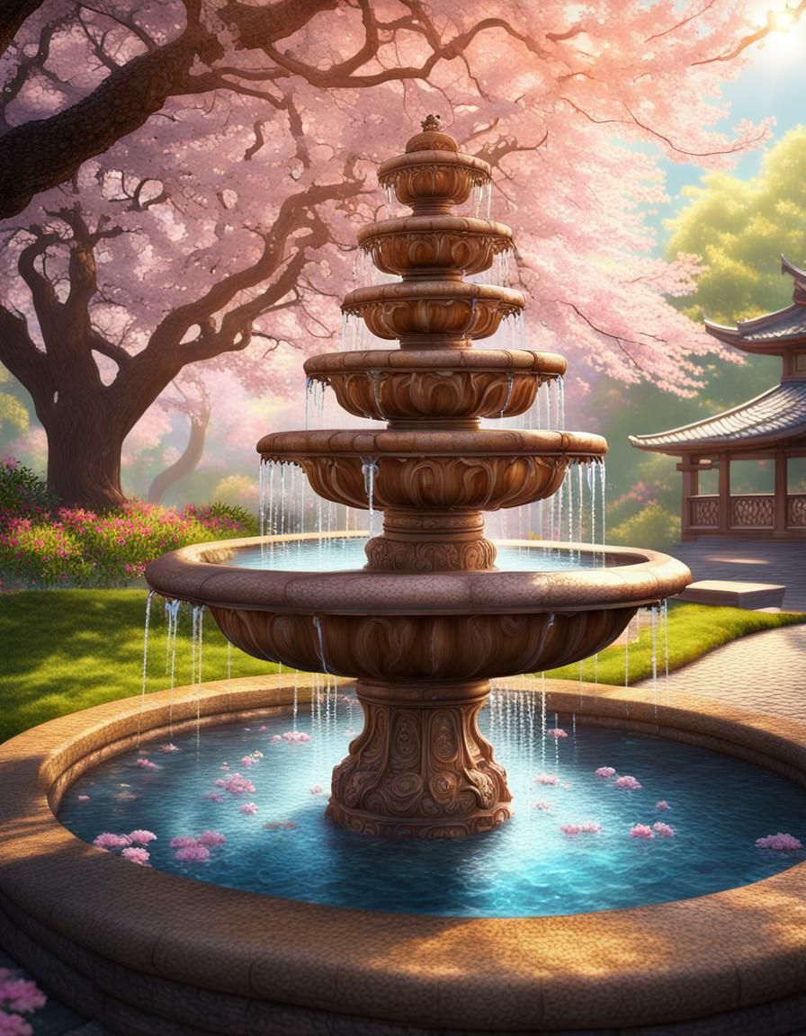 Asian Water Fountain in a Jeweled Garden