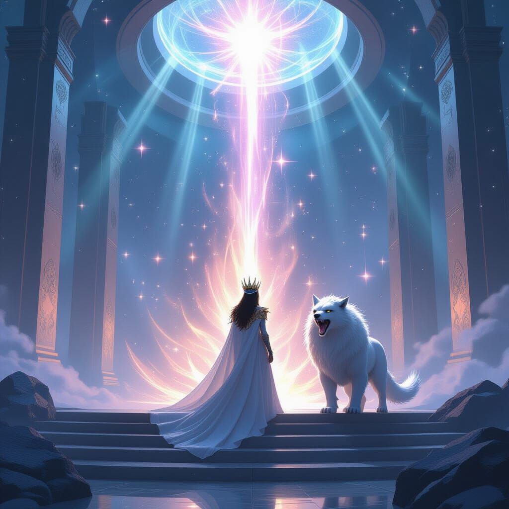 Hero in Cosmic Throne Room with Crown