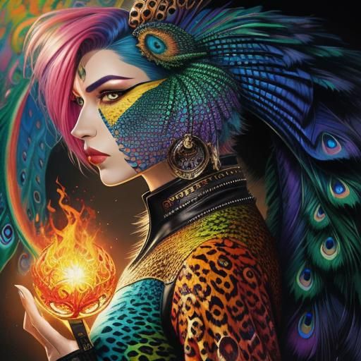 Woman with Dragon Scales and Peacock Hair in Comic Style
