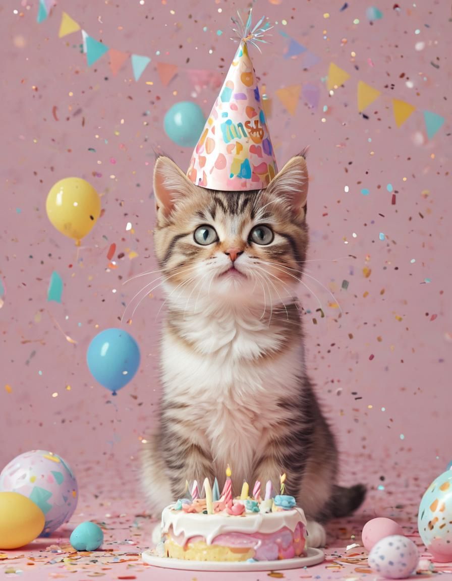Cartoon Kitten's Whimsical Low-Poly Birthday Party