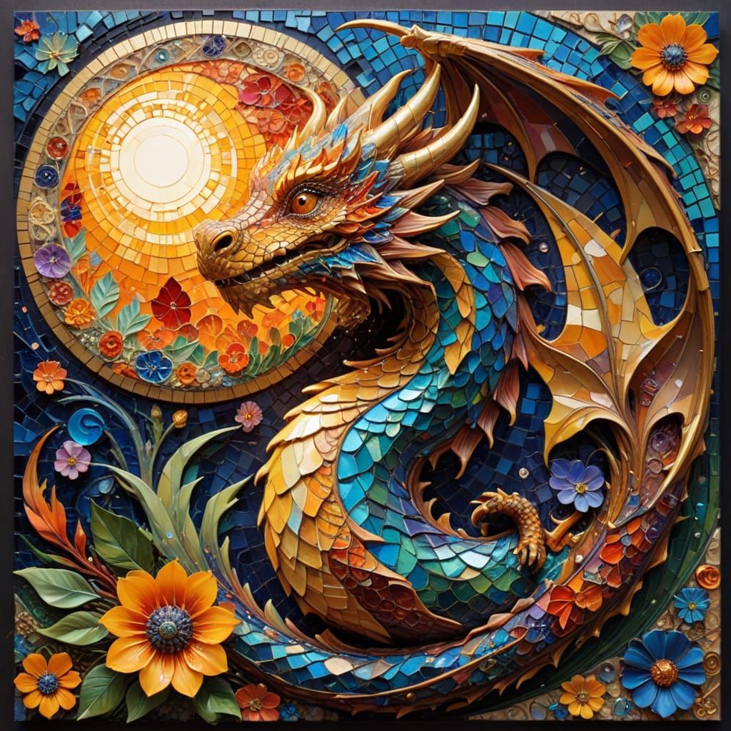 Tiny Mosaic Dragon on Sun Disk in Art Nouveau Style