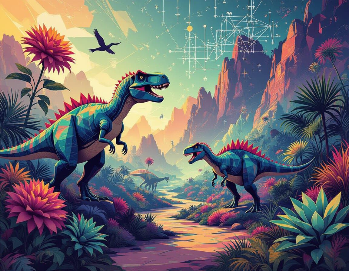 Surreal Jurassic Period with Geometric Dinosaurs
