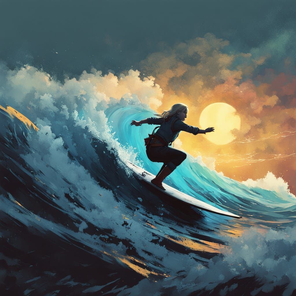 Blonde Surfer Rides a Powerful Wave in a Vibrant Beeple-Insp...