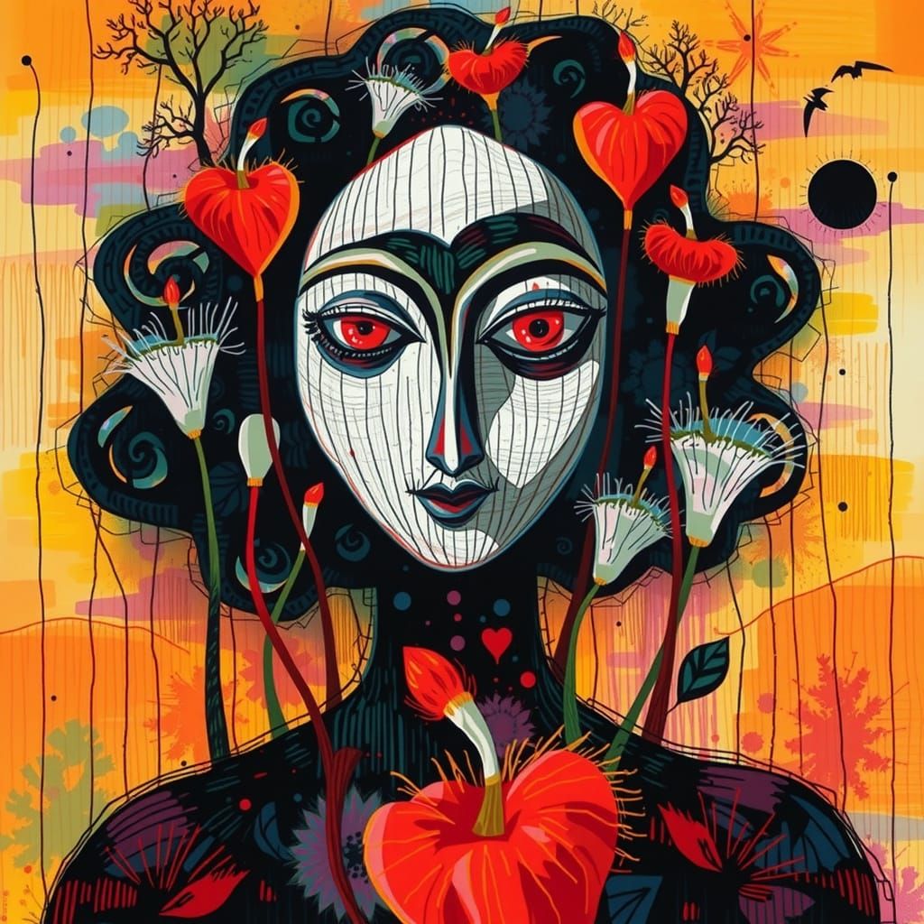 Whimsical Crayon Landscape with Giant Dandelions and Stark B...