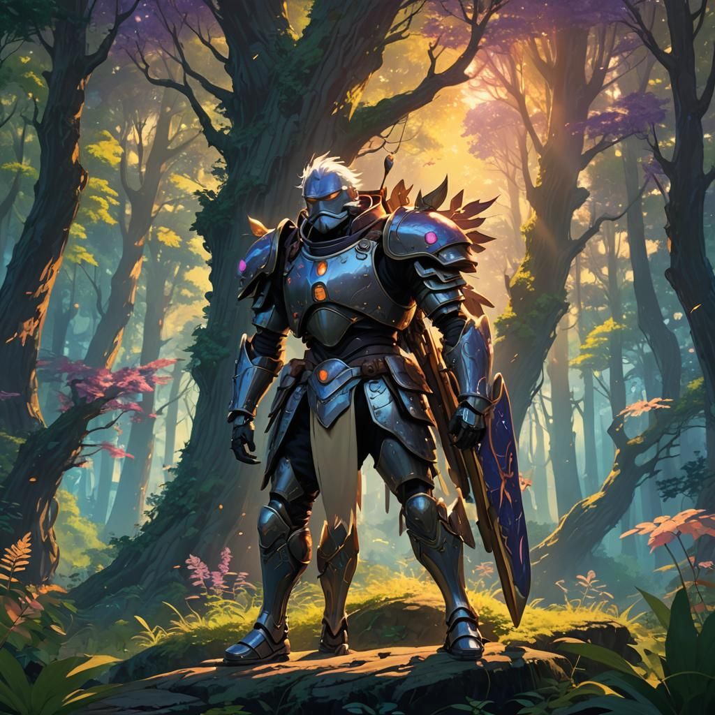 Fantasy Adventurer in Miyazaki-Inspired Forest Sunset