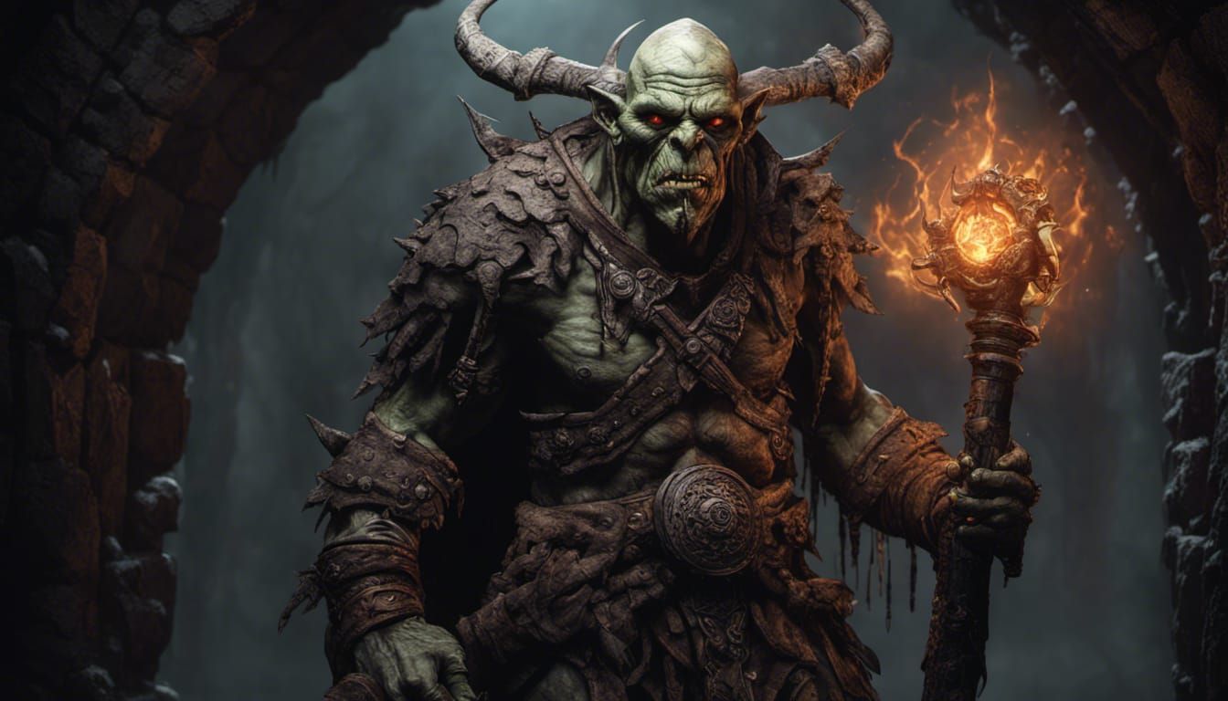 Orc Shaman with Necrotic Staff in Fantasy Action Pose