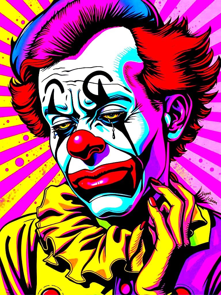 Pop Art Portrait of a Crying Clown with Bold Lines and Brigh...