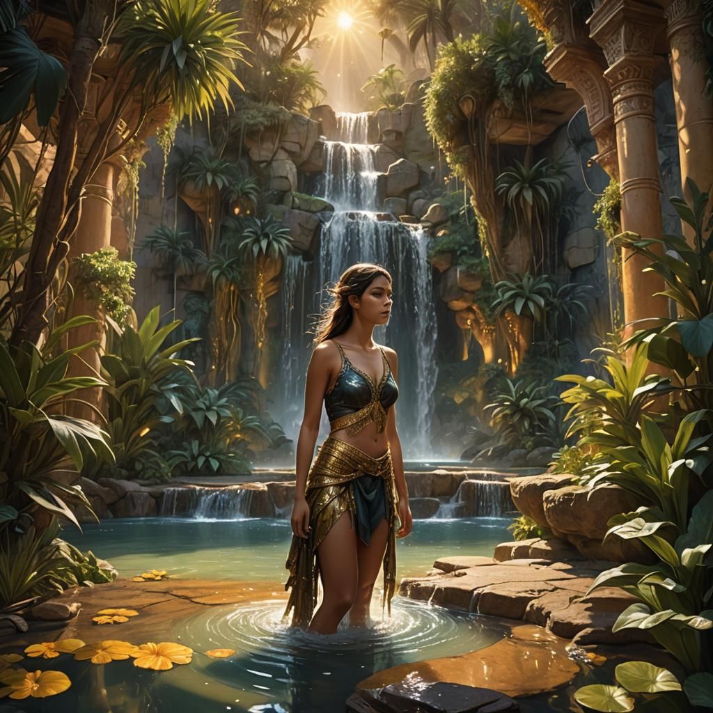 Oasis Dream: Golden Sunset Fantasy Art