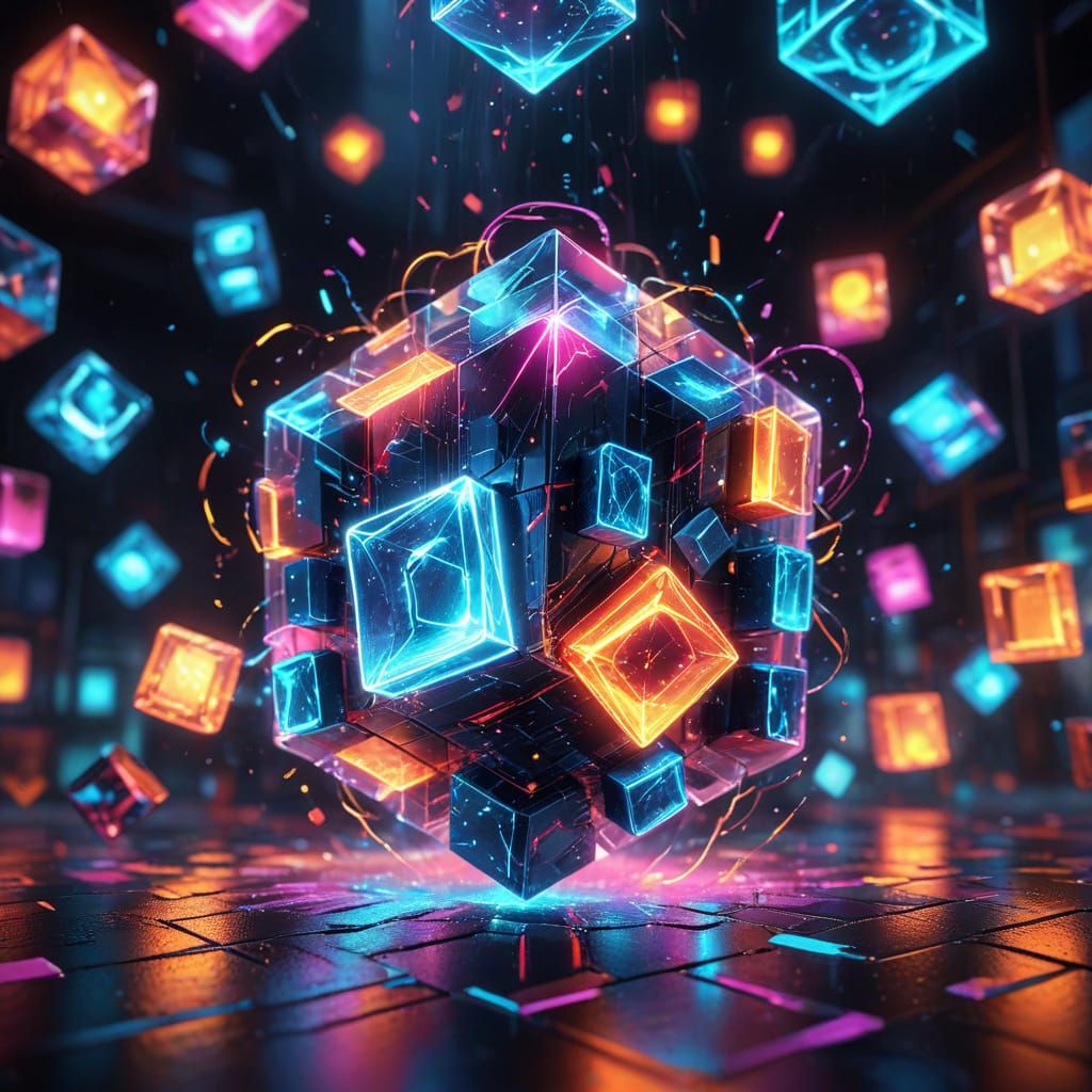 Vibrant Cubes in Swirling Neon Vortex