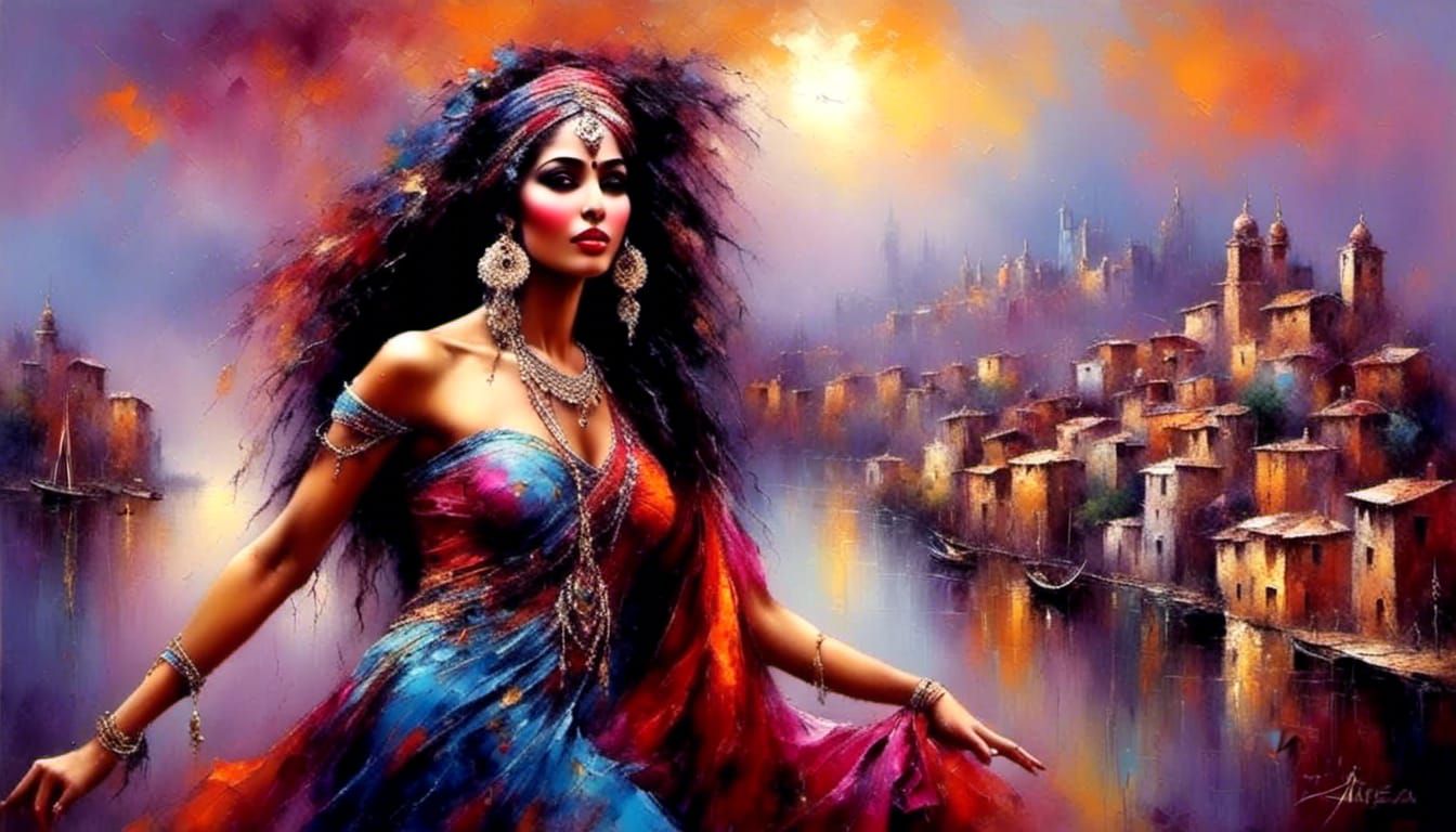Gypsy Dancer in Cityscape, Painterly Style