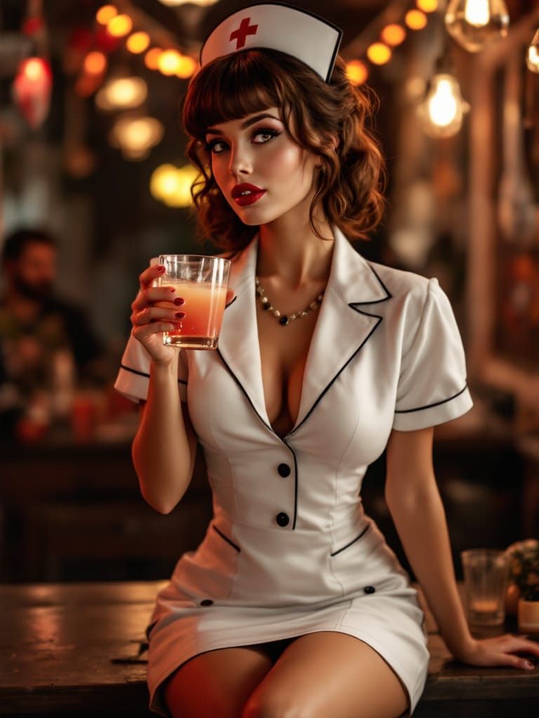 Pin-Up Nurse Sips Drink at Halloween Party