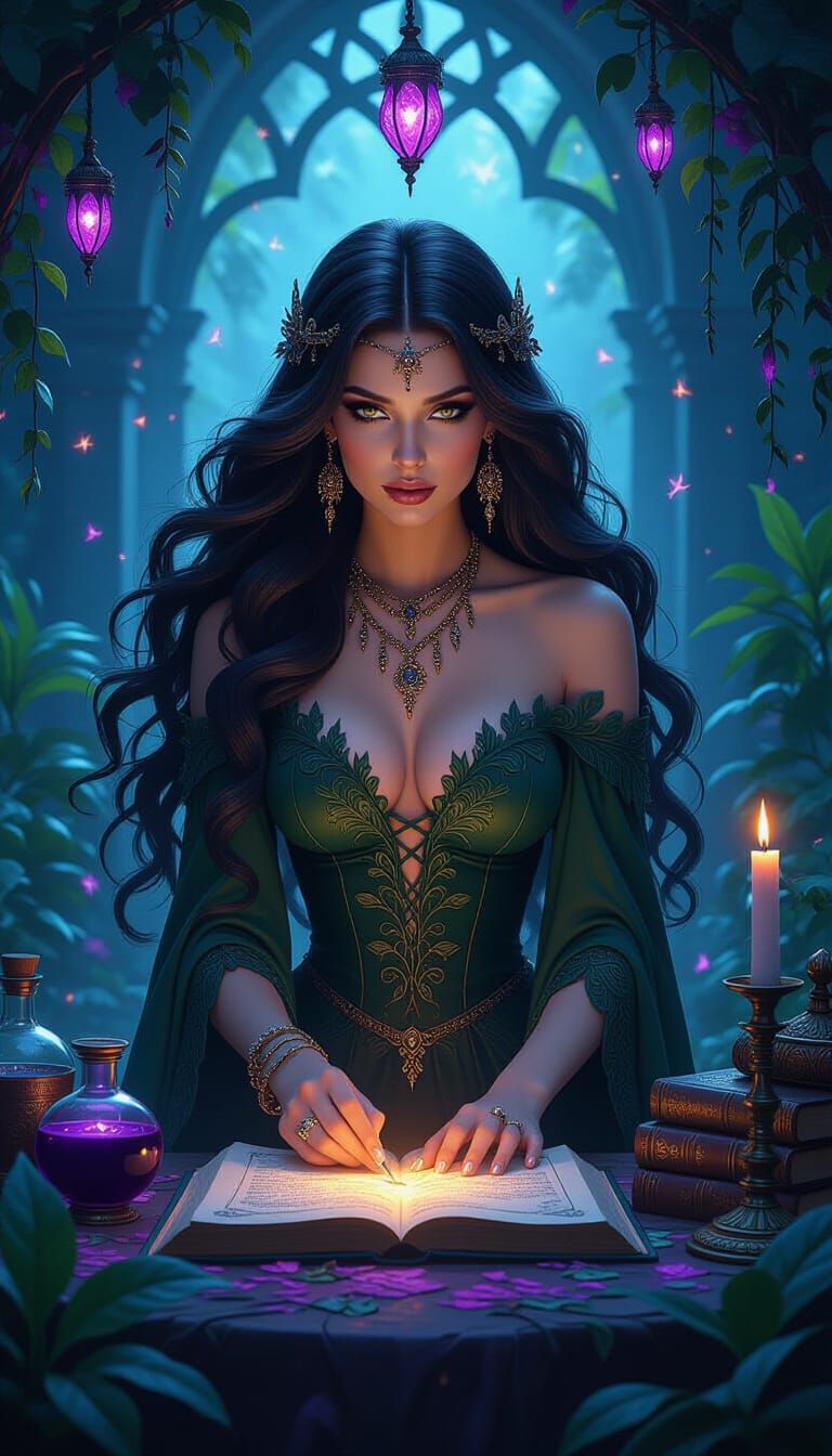 Dark Fantasy Sorceress With Leaf Pattern Dress