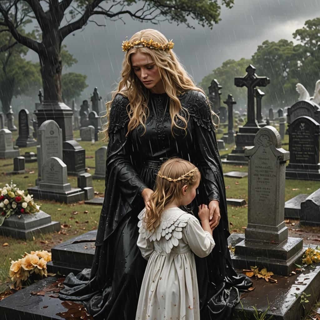 Mourning Mother Watched Over by Angel Child