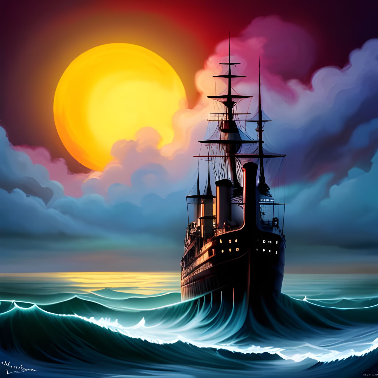 Psychedelic Steampunk Ship on the Horizon