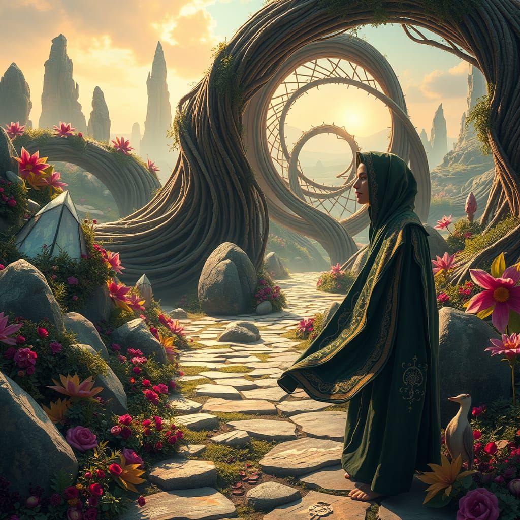 Mystical Traveller in Surreal Earthwork Landscape