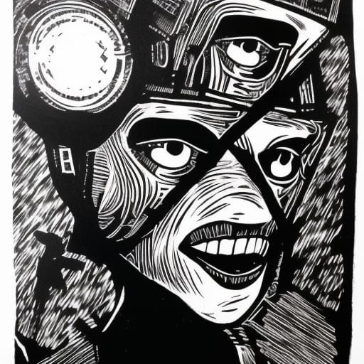 Heroic Figure in Linocut Style Charcoal Drawing