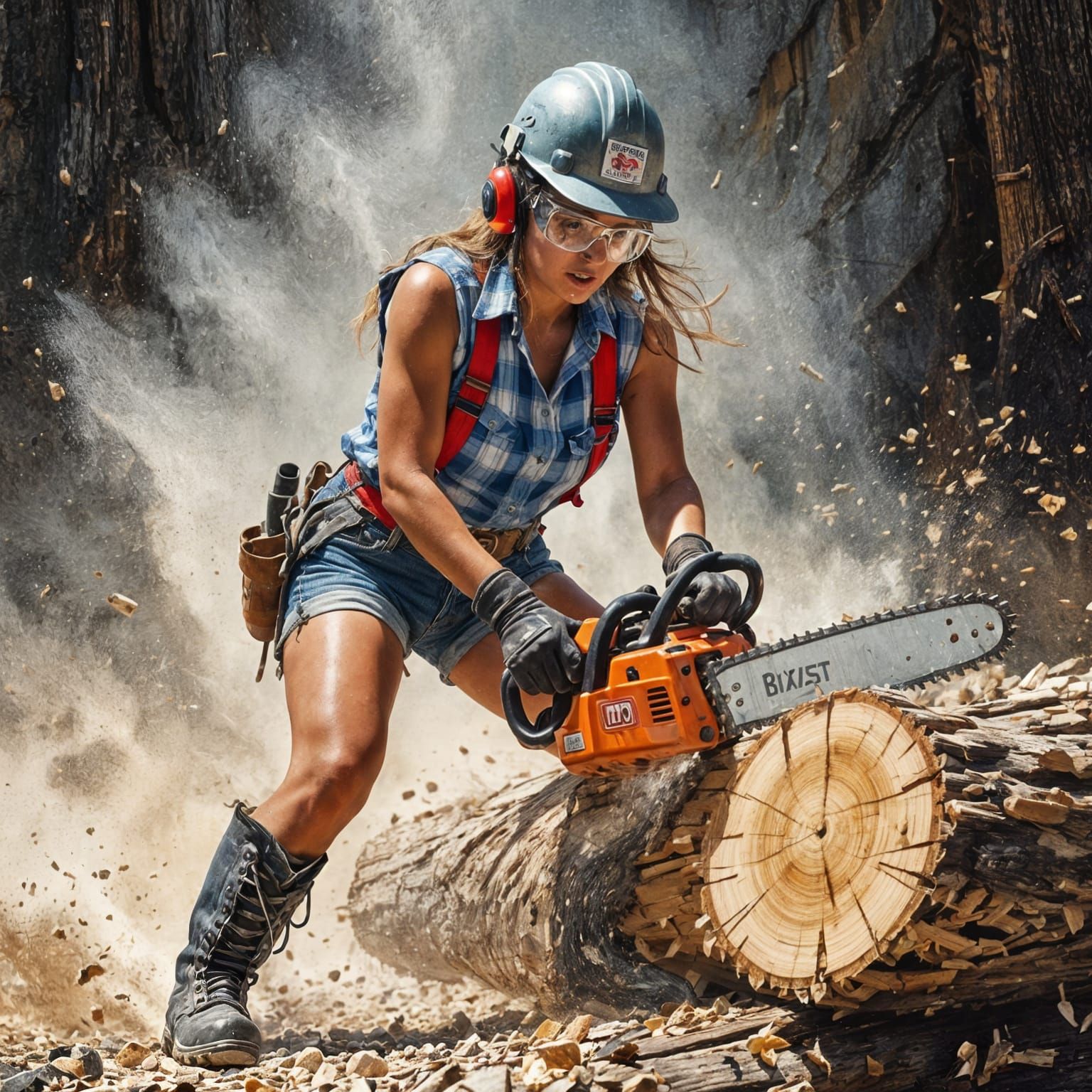 Logger Woman in Alaska with Chainsaw, Gritty Realistic Style