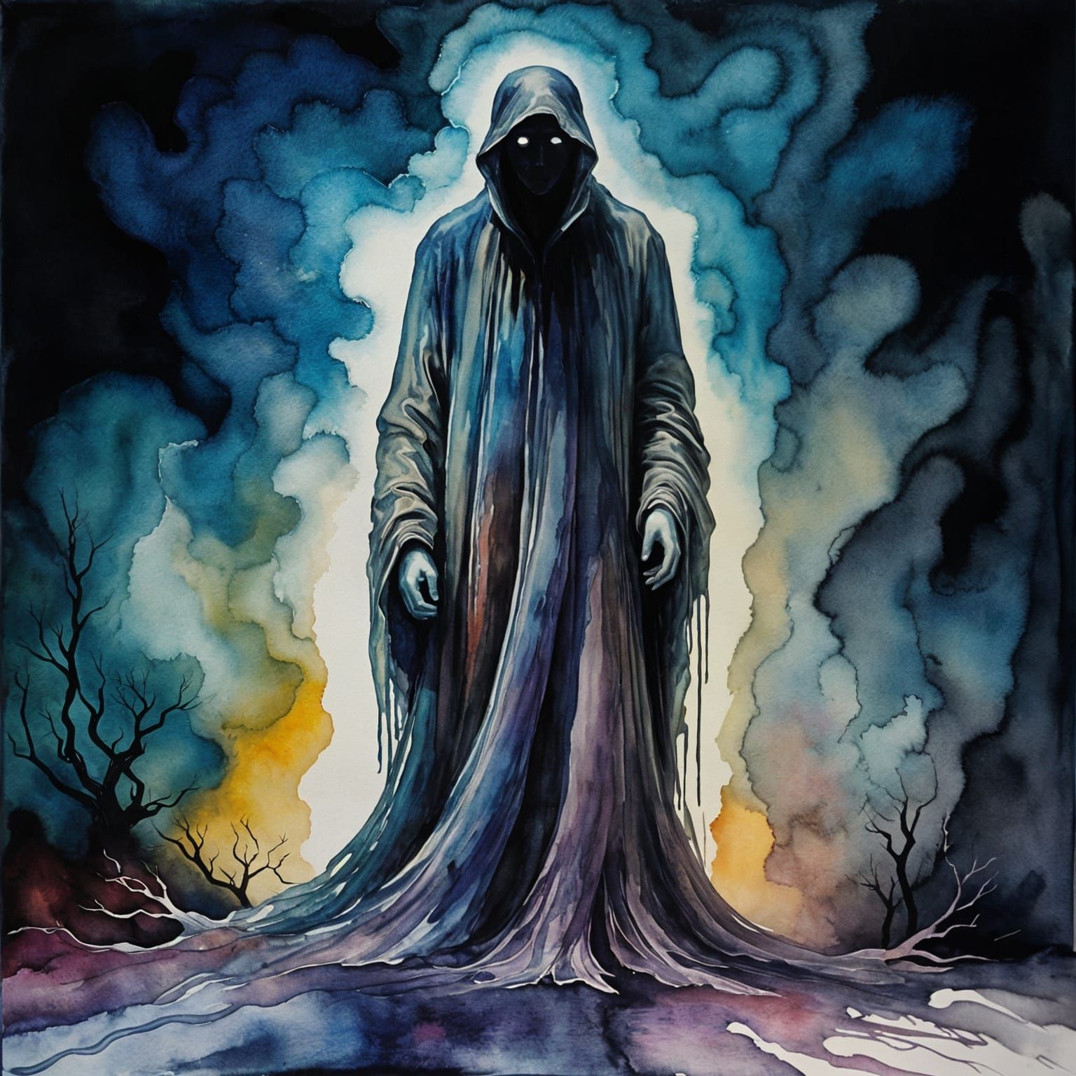 Mysterious Ghostly Figure in Gouache and Alcohol Ink