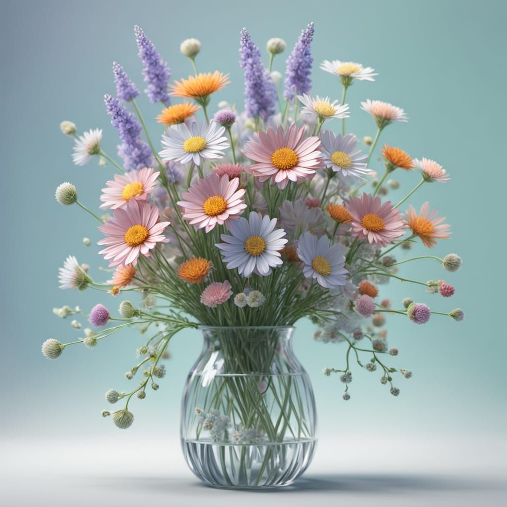 Pastel Wildflowers in Crystalline Vase: 3D Anime Art