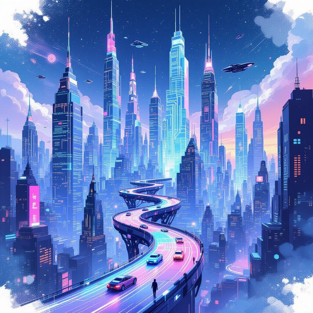 Futuristic Metropolis with Flying Vehicles in Watercolor Sty...