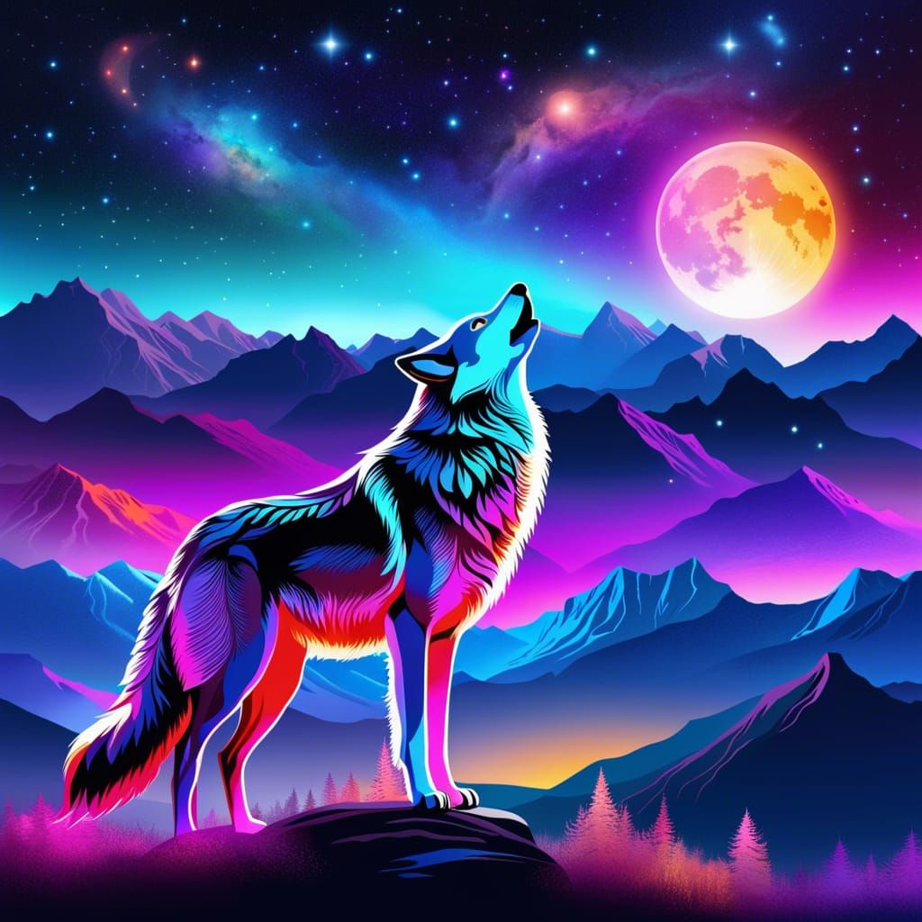 Wolf Howling at Moon in Maximalist Starscape