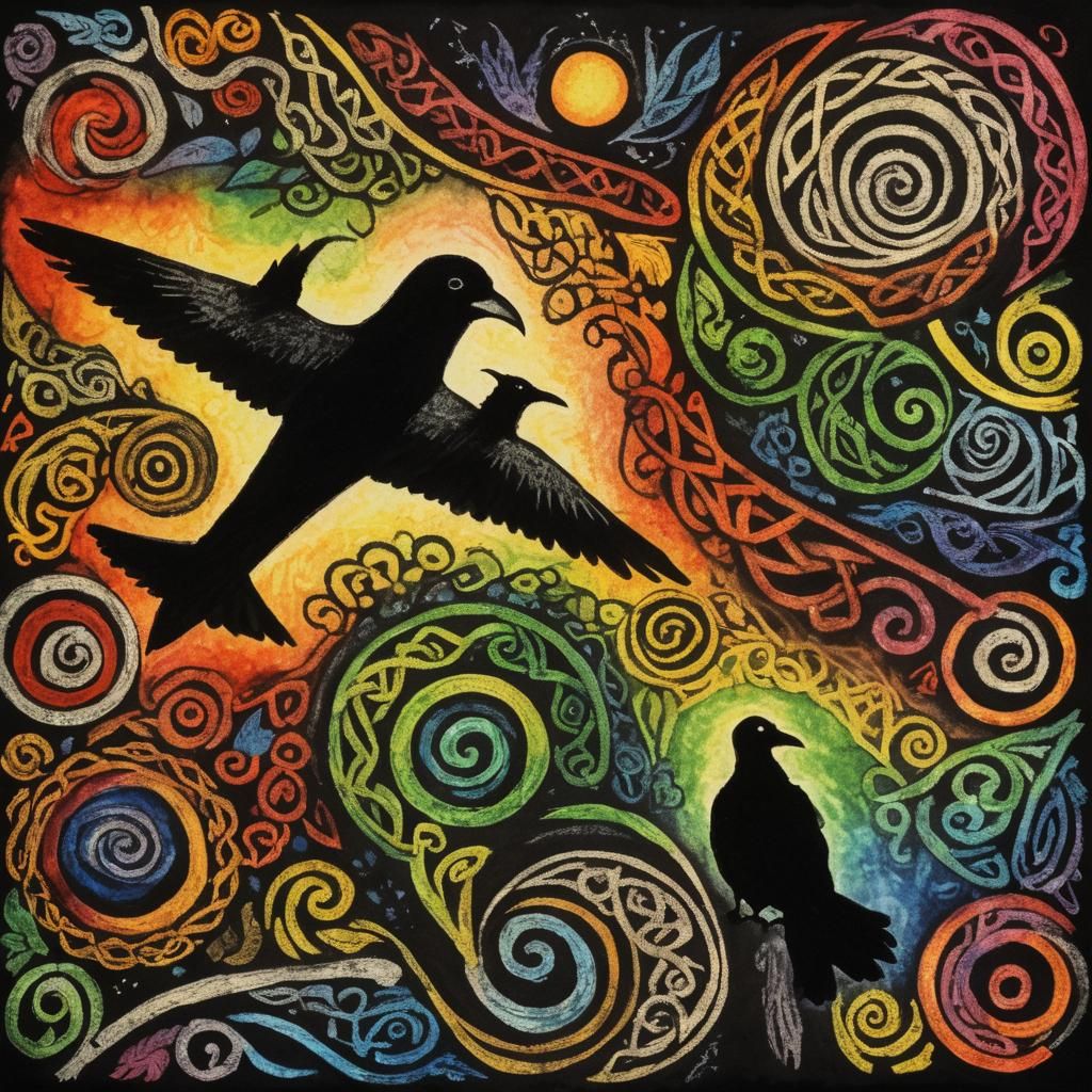 Celtic Raven Silhouette with Rainbow Fairy, Crayon Style