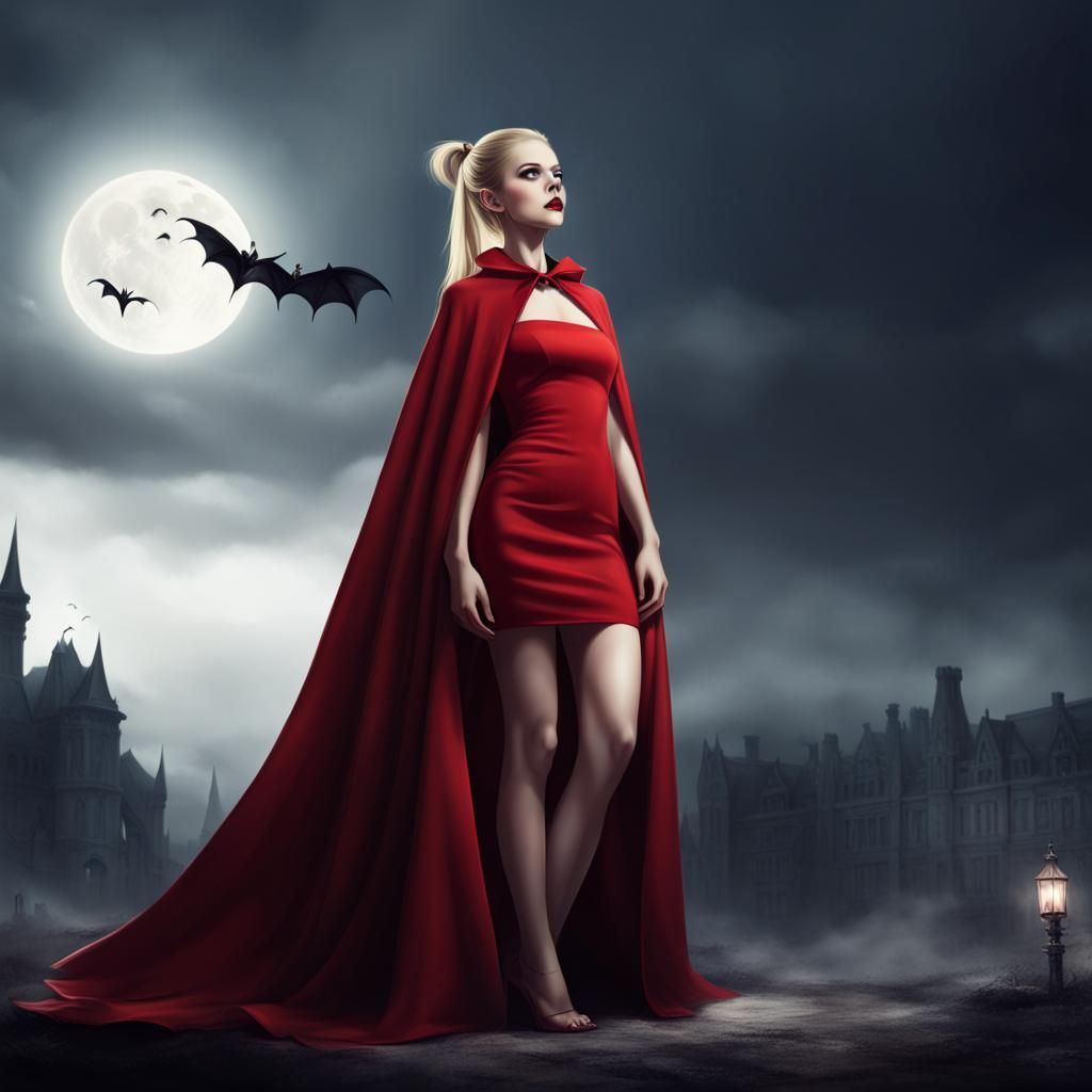 panorama elegant cloak red dress ponytail blonde vampire girl