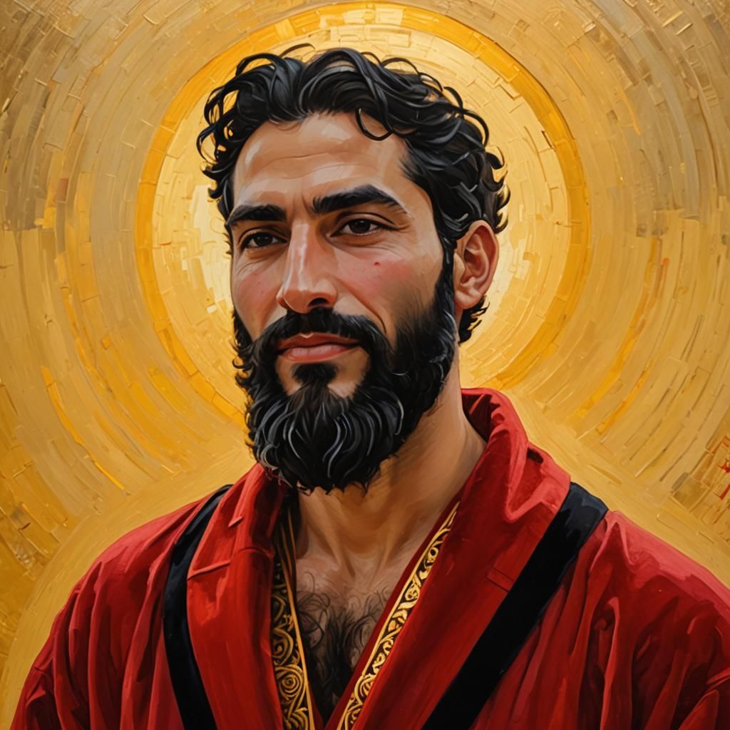 Radiant Man in Red Robe: Neo-Impressionist Portrait