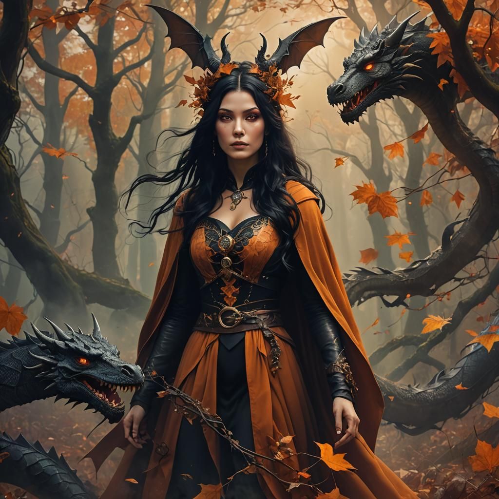 Steampunk Goddess Witch in Enchanted Autumn Forest