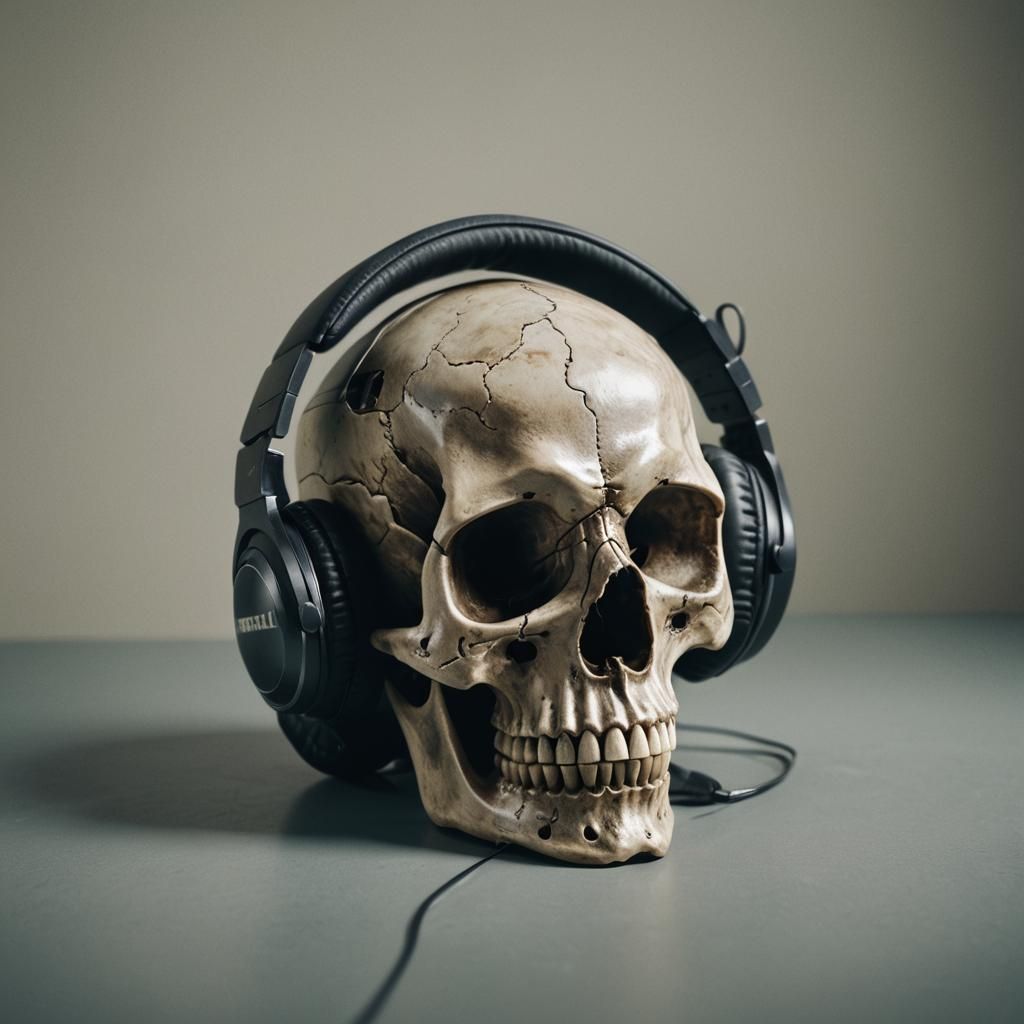 Skull with Headphones: Cinematic Film Still