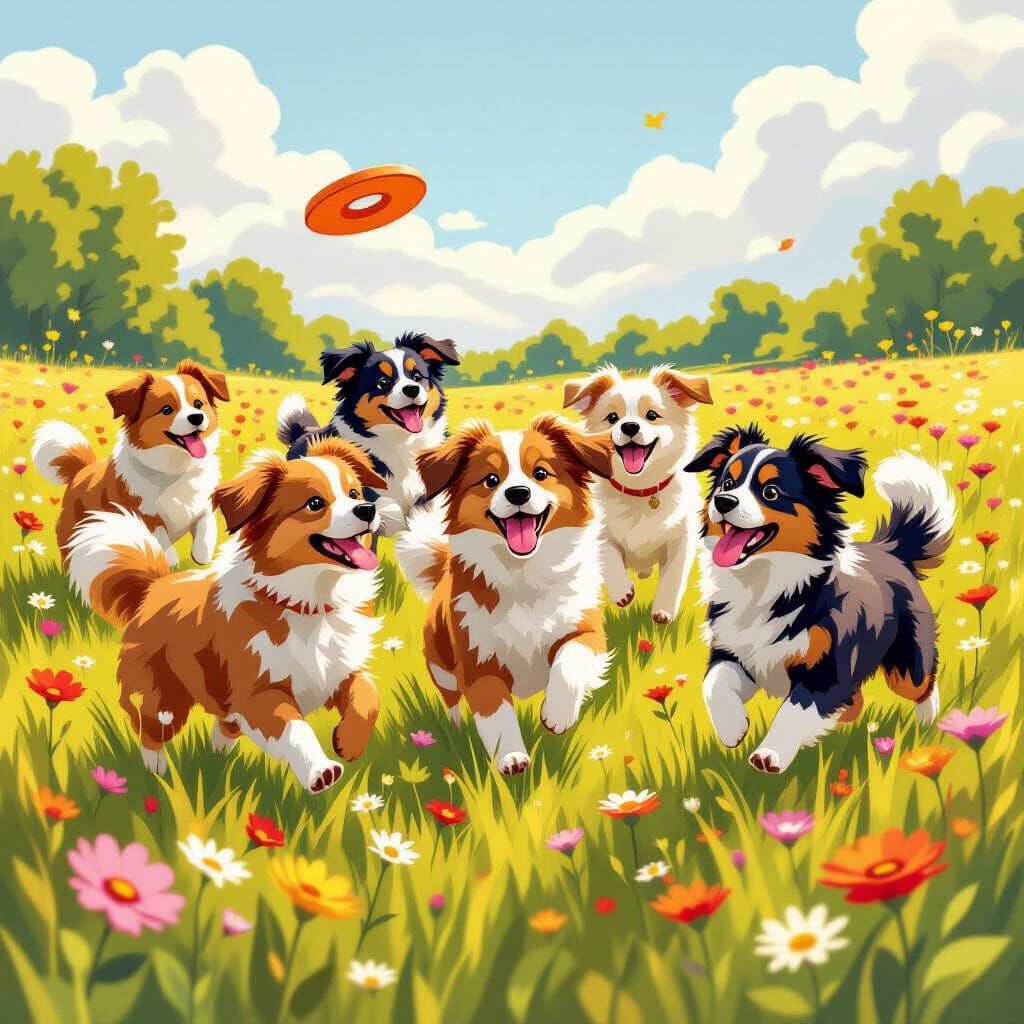 Happy Dogs Playing Fetch in a Wildflower Meadow