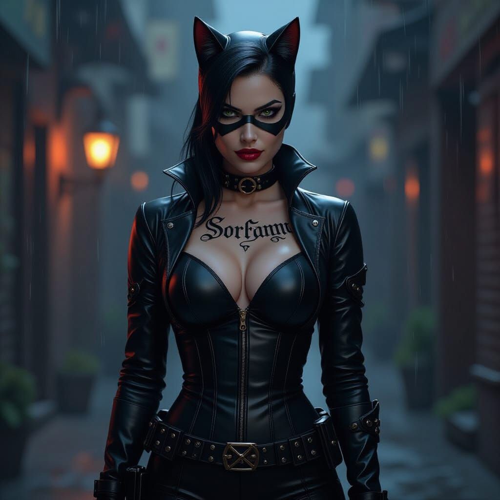 Catwoman Portrait with Gothic Script, Realistic Textures
