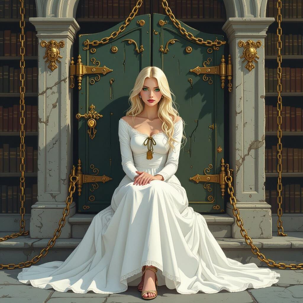 Woman with Keys Before Locked Library Doors