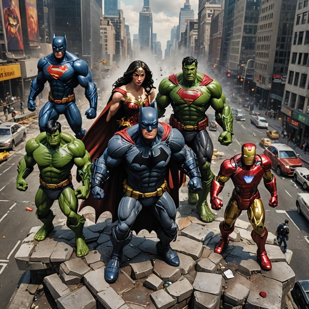 Hyperrealistic Superhero Fusion in Cityscape