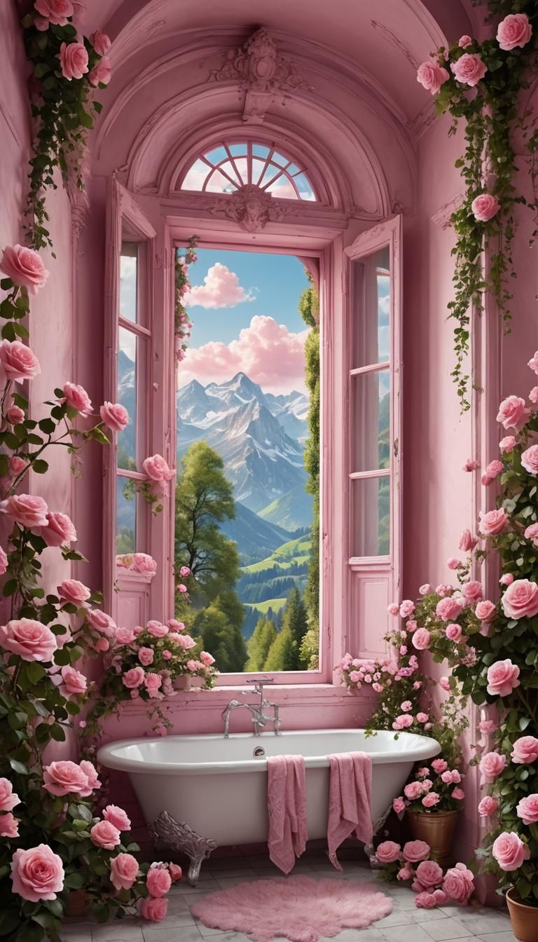 Large Pink Magical Bathroom with Landscape View
