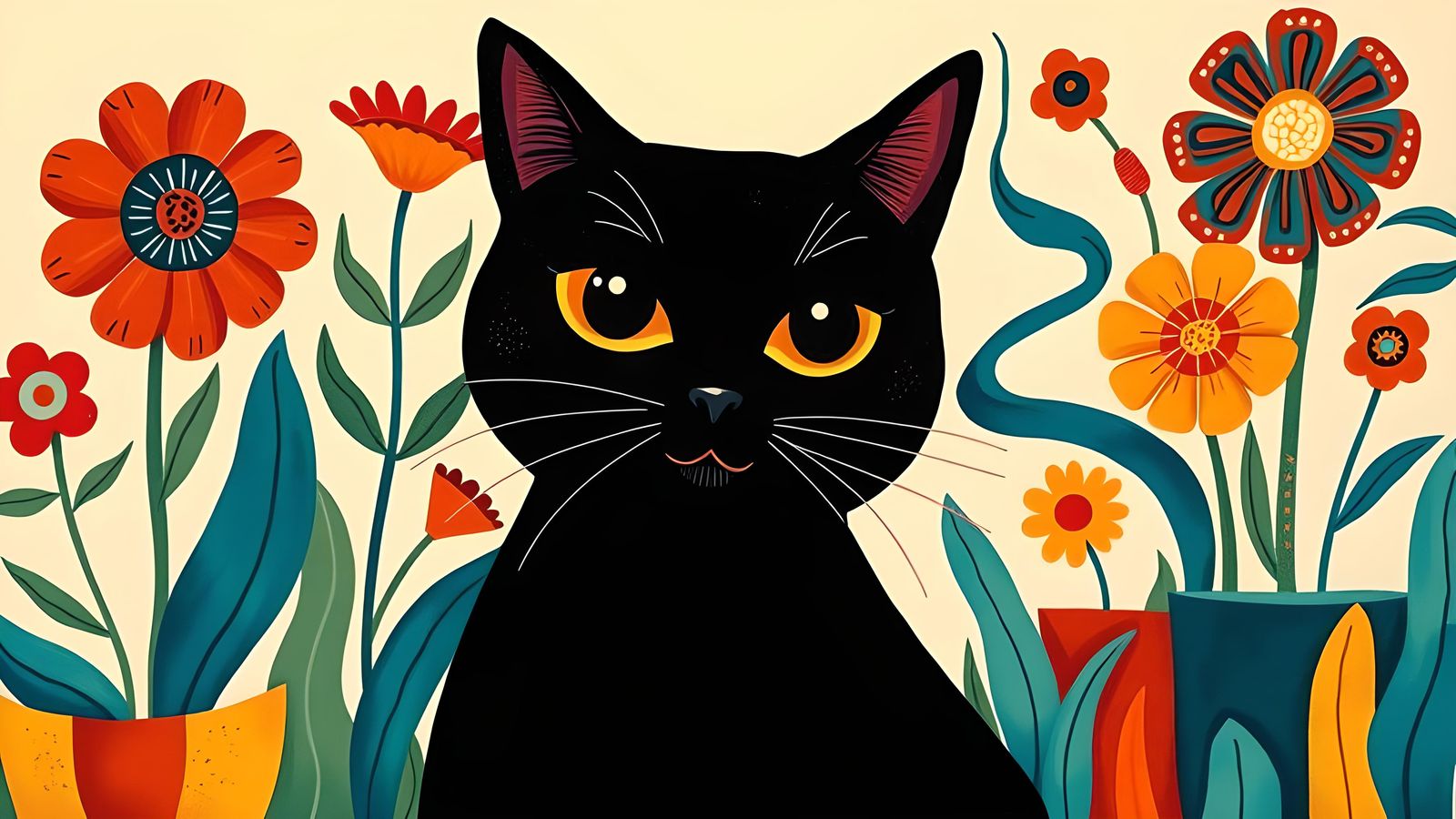 Whimsical Black Cat in a Garden of Abstract Flowers