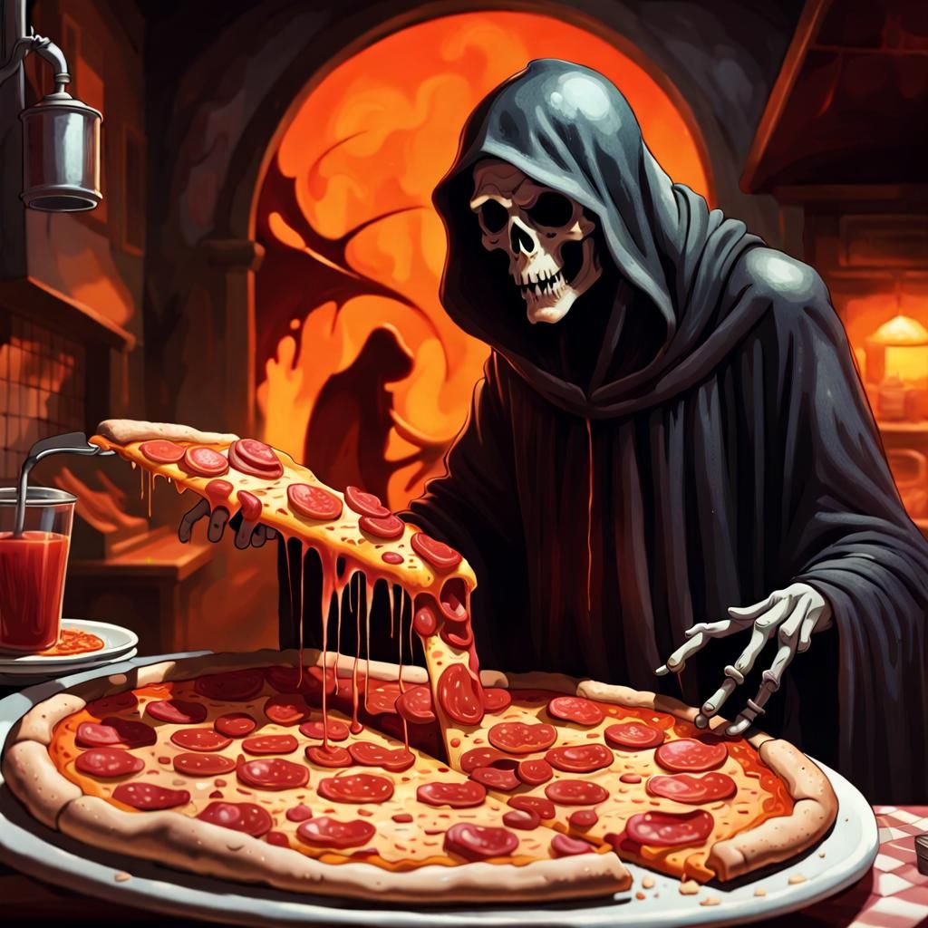 Pizza eats the grim reaper off of a plate at a pizza shop in...