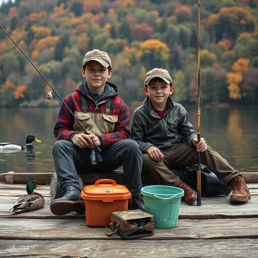 Fishing Brothers Sitting on a Dock, a Bucket & Tackle Box (& Duck) Beside Them.🦆