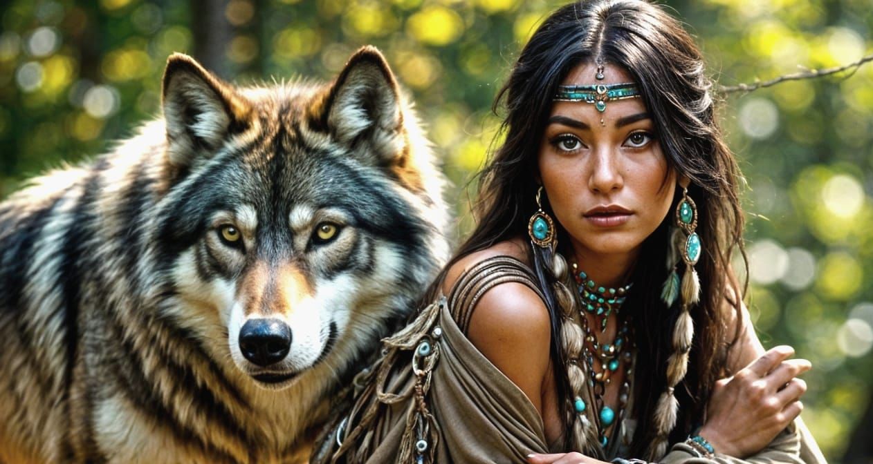 Native American Woman and Wolf in Vivid Glade