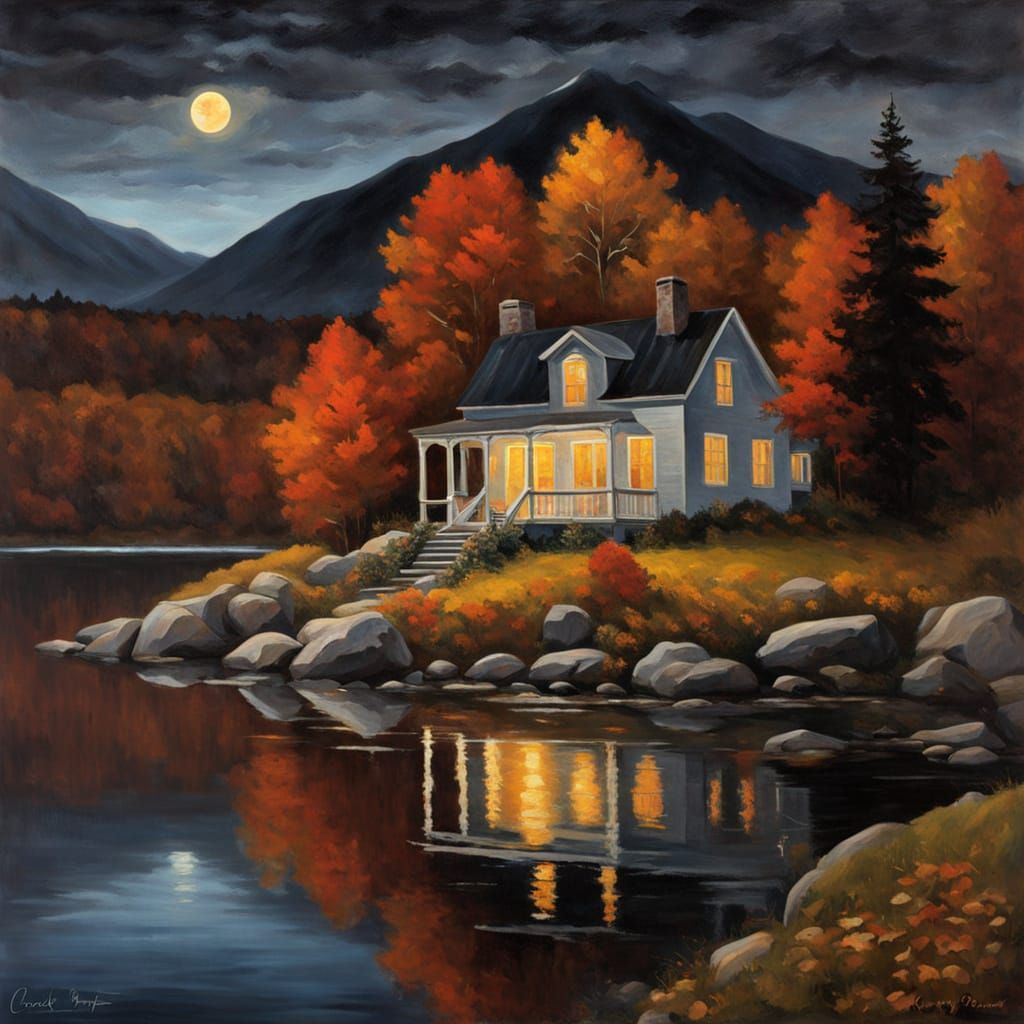 Vermont Lakeside Home in Autumn Night Landscape
