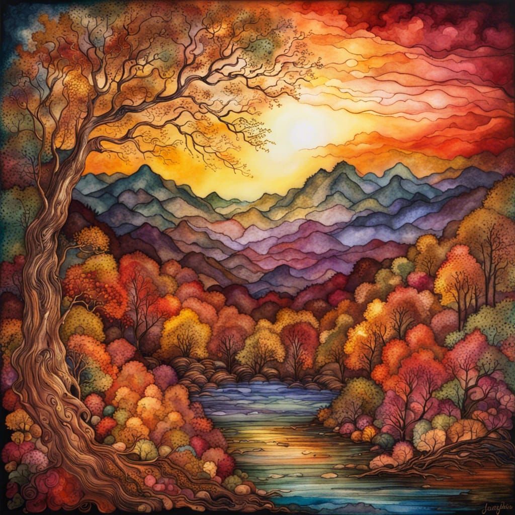 Smokey Mountain Sunrise: Abstract Alcohol Ink Landscape