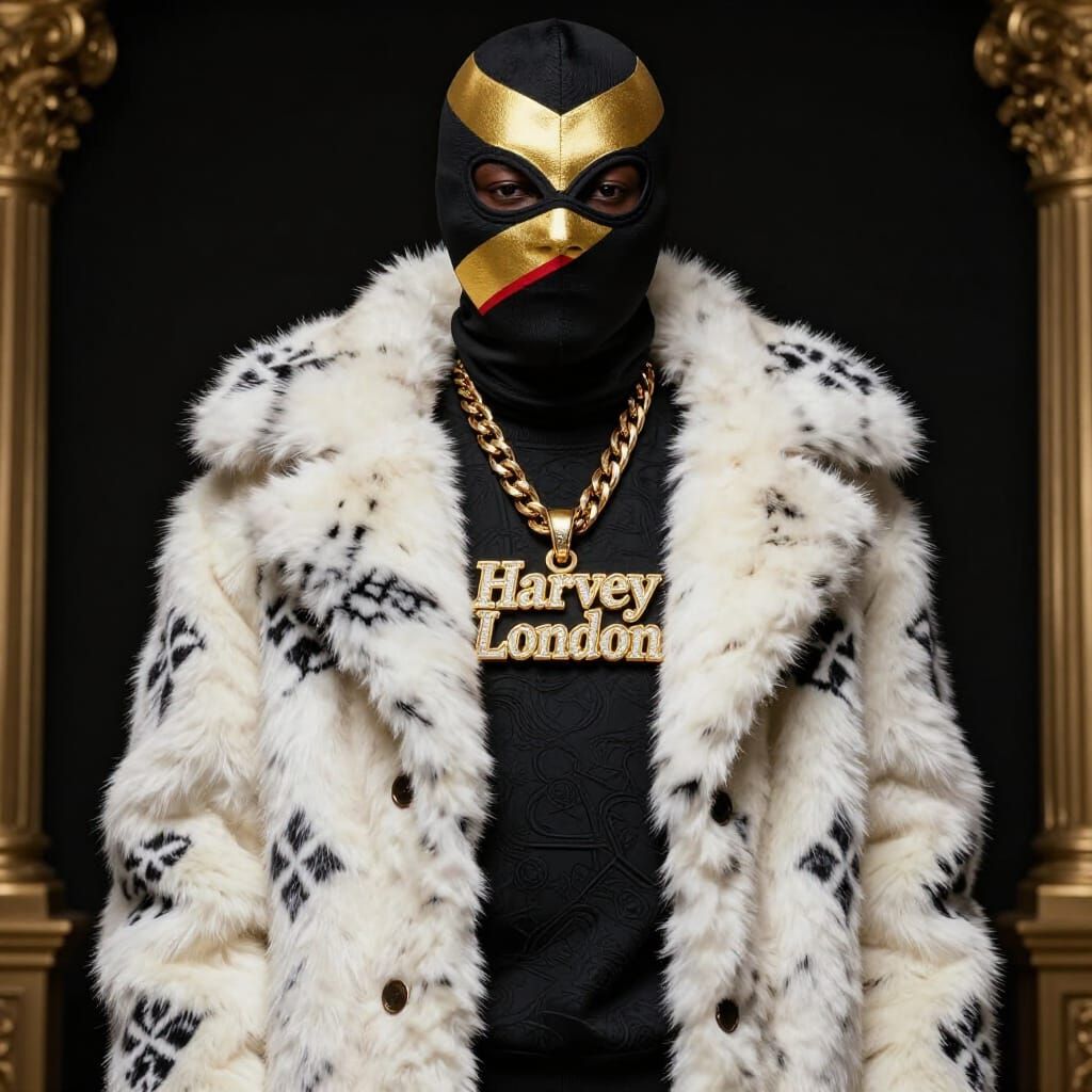 African Man in Harvey London Fashion with Kinshasa Flag Mask