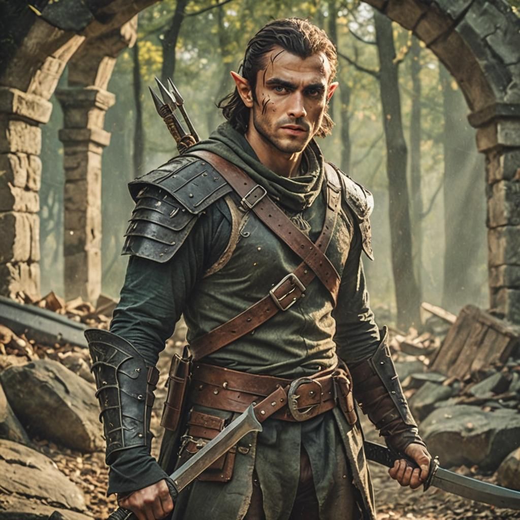 Half-Elf Rogue with Daggers: Cinematic Film Still