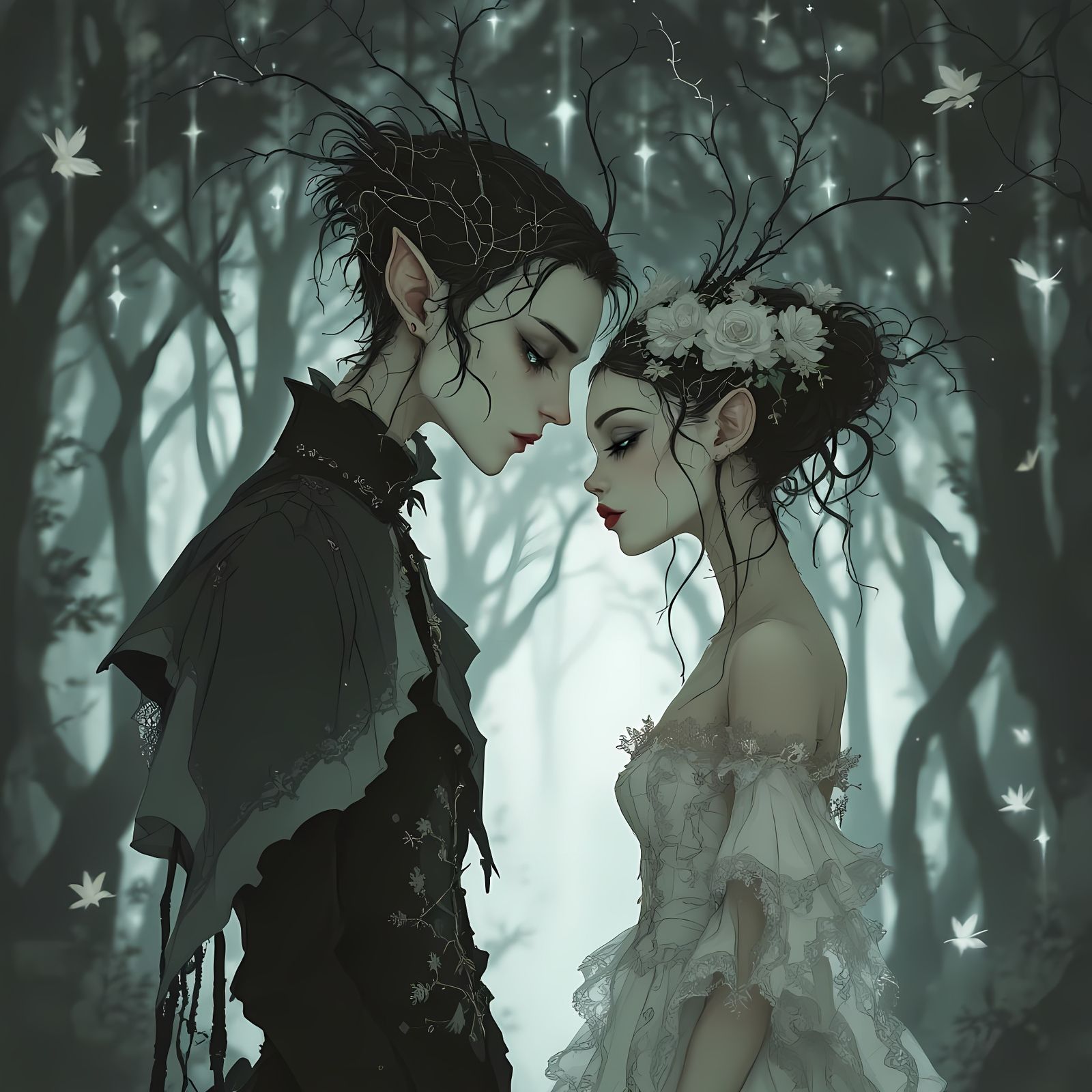 Ethereal Gothic Prince Couple Amidst Bioluminescent Shadows