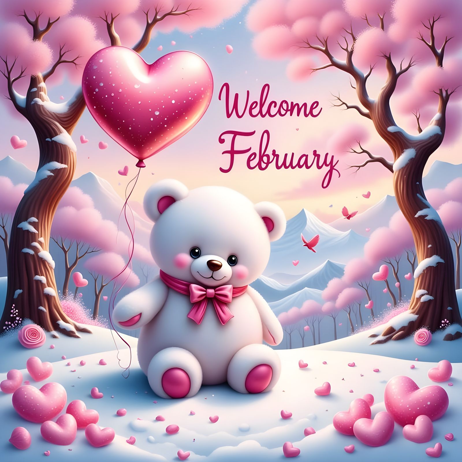 Teddy Bear in Snowy Landscape with Pink Hearts