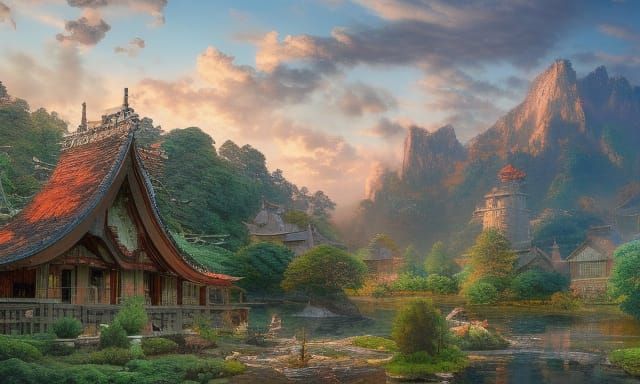 Japanese Village in Rolling Hills: Matte Painting
